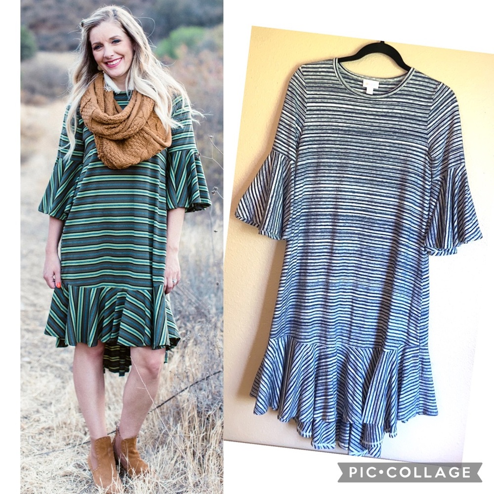 LULAROE Maurine Dress XS S M 4 6 8 I0 Denim Blue Gray Stripe Bell Sleeve Ruffle